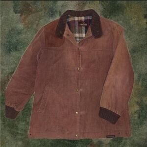 Jordache Vintage Whiskey Brown Cordoroy Chore Coat Blanket Plaid Lining Sz 9/10